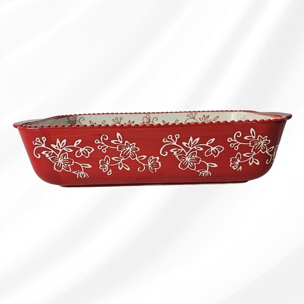 Temp‑Tations Floral Lace Red 13" Rectangular Baker- Stoneware Dish - Picture 2 of 8